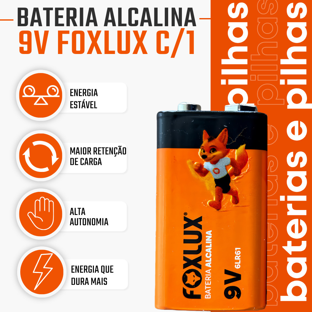 Pilha Bateria 9V 6LR61 Foxlux Alcalina com 1 Unidade