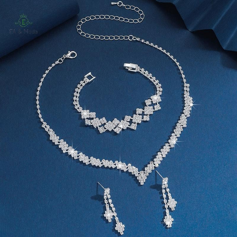 EA & Moda Conjunto de Colar, Brincos e Pulseira com Strass Geométrico, Conjunto de Joias Minimalista para Casamento, Pre