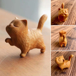 1 unidade de estatueta de gatinho laranja em madeira, esculpida à mão, peça decorativa artesanal, estatueta de gatinho m