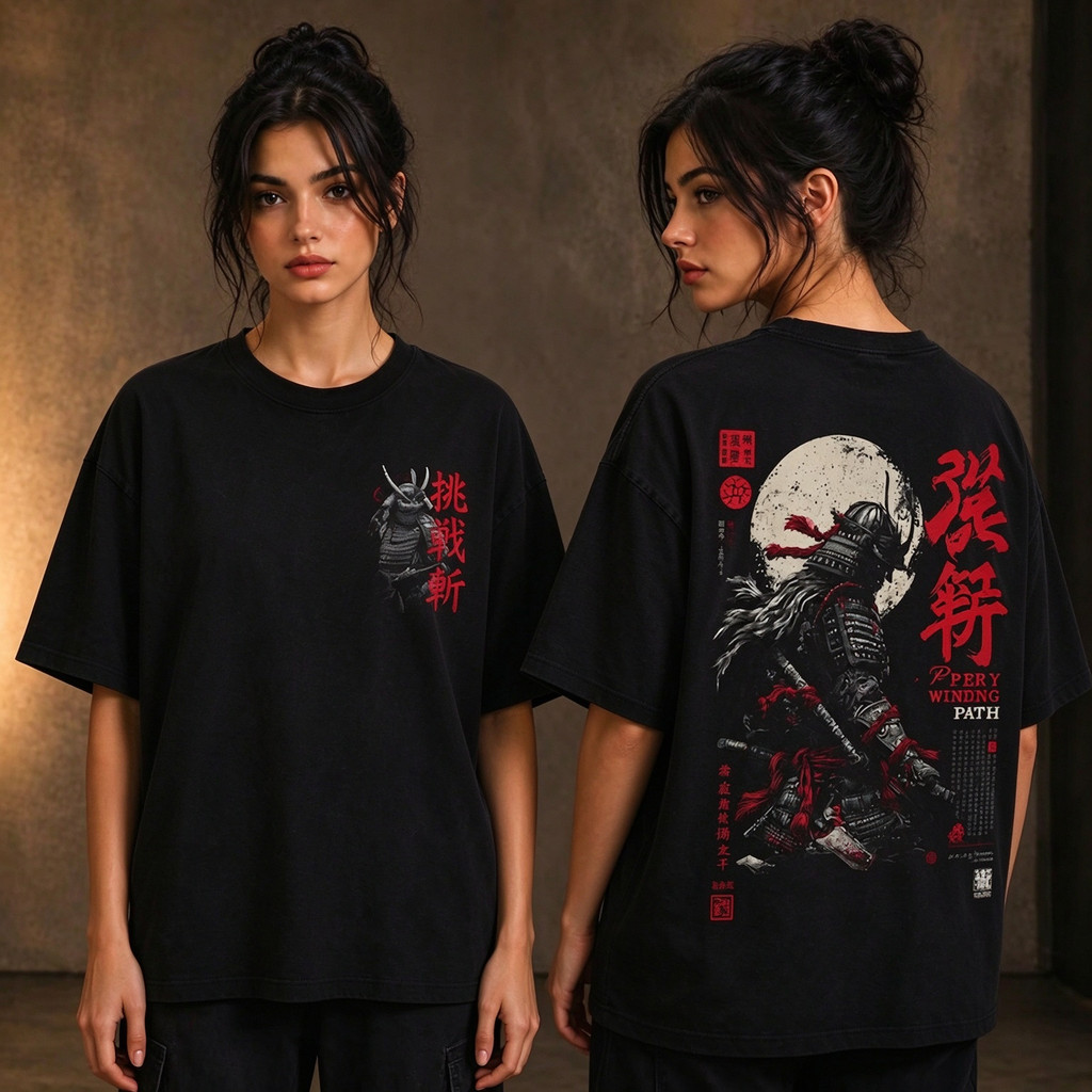Camiseta Oversize Feminina Preta De Algodão, Estampa Samurai Japonês, Letras Vermelhas, Lua Branca, Efeito Desgastado, E