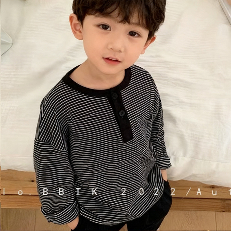 Crianças de manga comprida camiseta meninos bonito outono listrado topo versão coreana camisa de fundo do bebê roupas de