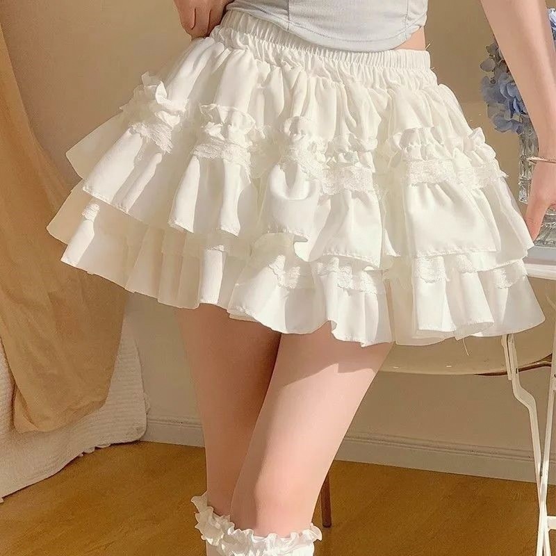 Verão branco renda bolo Pettiskirt feminino estilo doce A linha saia cintura alta mais magro olhar Anti-reflexo estilo B