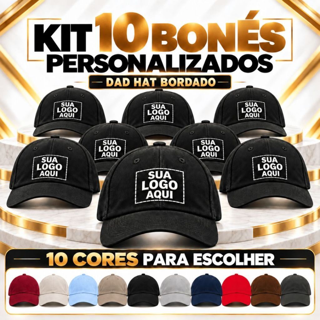 Kit 10 Bonés Personalizados Dad Hat Aba Curva com Sua Logo Bordada Fitão Ajustável