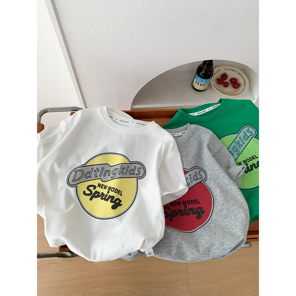 Meninos verão puro algodão de manga curta camiseta 2026 novo estilo crianças em torno do pescoço dos desenhos animados e