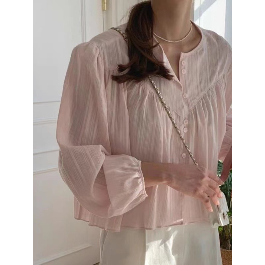 Camisa branca rosa francesa de manga comprida solta Top nicho camisa feminina primavera outono Design nicho camisa de be