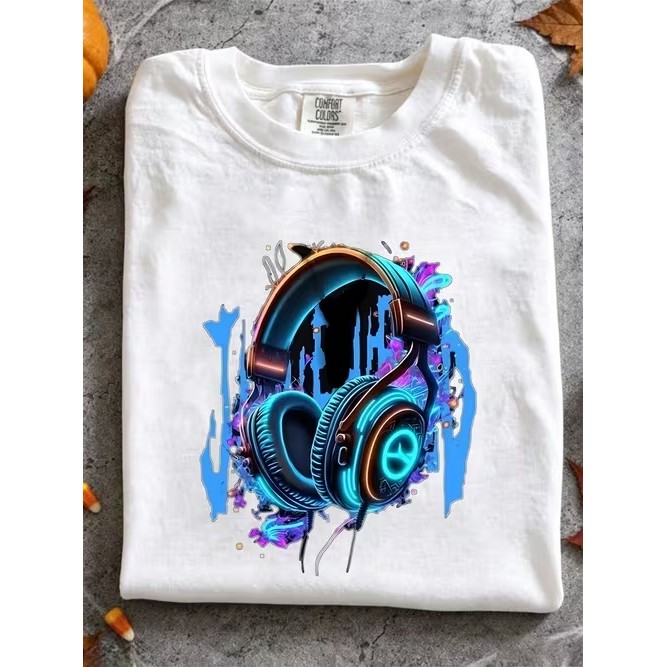 Camiseta Manga Curta Estampada Fone de Ouvido Neon Confortável Linda Moderna Estilosa para Uso Casual Tendência Verão