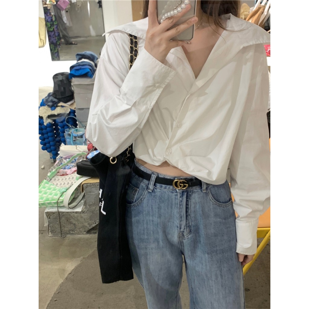 Camisa branca de Chiffon francês Design feminino primavera outono moda feminina estilo ocidental curto umbigo topo chiqu