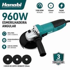 【Hanabi】Esmerilhadeira Angular 960W 125mm Lixadeira Elétrica Profissional para Metal Corte Desbaste Polimento