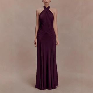 Feminino novo estilo Slim fit Halterneck Halter plissado moda vestido longo