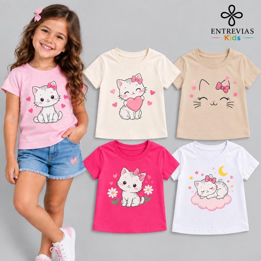 Kit Camisetas para Menina Infantil 100% Algodão Estampadas Sortidas Roupa Feminina Manga Curta