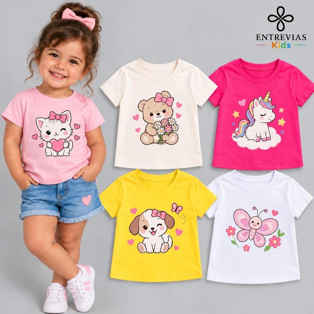 Kit Camisetas para Menina Infantil 100% Algodão Estampadas Sortidas Roupa Feminina Manga Curta