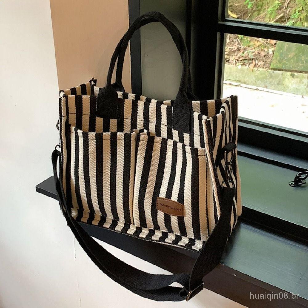 Bolsa Tote De Lona Listrada YISHENG , De Ombro Simples De Grande Capacidade Pano Estilo Coreano Da Moda