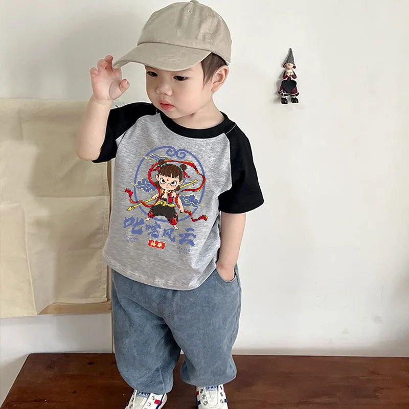 Crianças Nezha camiseta 100% algodão meninos meninas Raglan de manga curta nova versão coreana contraste cor moda camise