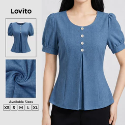 Lovito Elegante Blusa Pérolas Plissada Cinzaazul Primavera/verão para mulheres BLK9P1D168