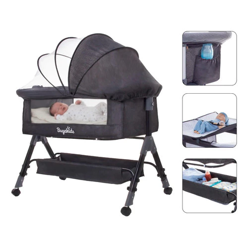 Berço CO-BED Estrela 12 em1 Just littles Cinza Escuro Portátil Com Suporte Mamadeira, Trocador Fraldas, Acopla Na Cama