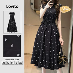 (New Arrival) Lovito Vestido Preto Feminino Floral Elegante Com botões Longo evasê Para Trabalho primavera/verão DRK10P1D1233
