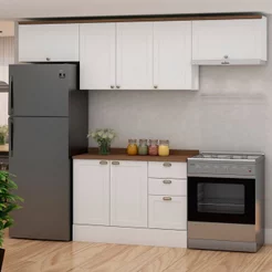 Cozinha Modulada 4 Peças 1 Balcão com Tampo 2 Aéreos 100% MDF Bege/Branco Fosco Branco Fosco