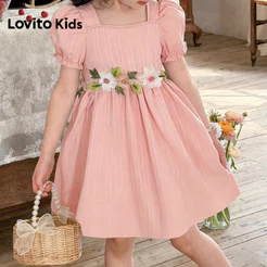 Lovito Kids Elegante Vestido de Menina Rosa Jacquard Bordado para primavera/verão L186LD196