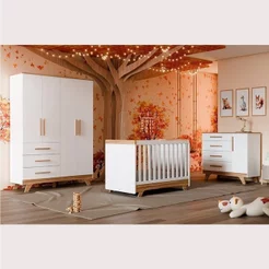 Quarto de Bebê Completo com Guarda Roupa Cômoda e Berço 100% MDF Kakau Retrô Yescasa Branco Brilho/Amêndoa Branco