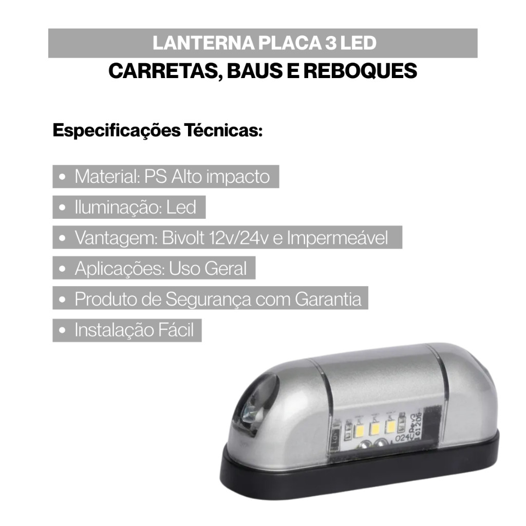 Lanterna Luz Placa 3 Led Reboque Carretinha Carreta Bivolt — imagem 2 de 2