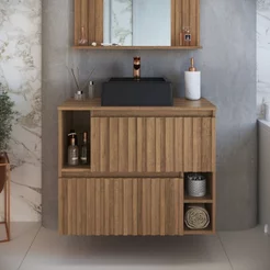 Gabinete de Banheiro Suspenso 75cm Luiza com 2 Portas Basculante com Cuba Marrom/Mel Mel