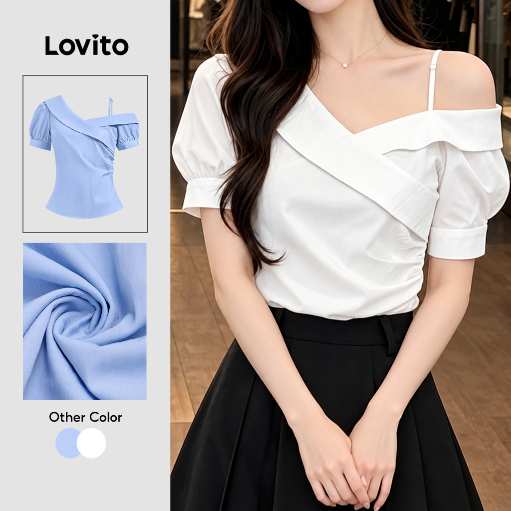 (Casual) Lovito Blusa Verão Ombro Frio Blusa Assimétrica Para Mulheres L121MD367