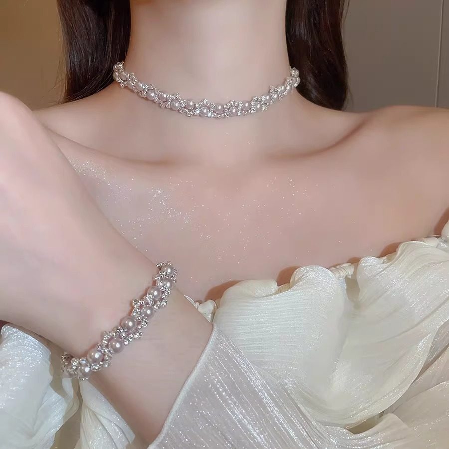 Único requintado colar francês pérola zircão colar feminino luz luxo temperamento High-End gargantilha colar noiva
