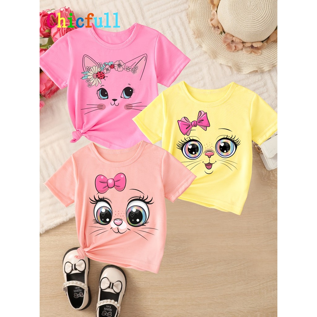 kit de 3 camisetas Casuais de Gola Redonda para Meninas, Impressões de Gato de Desenho Animado e Coelho de Unicórnio