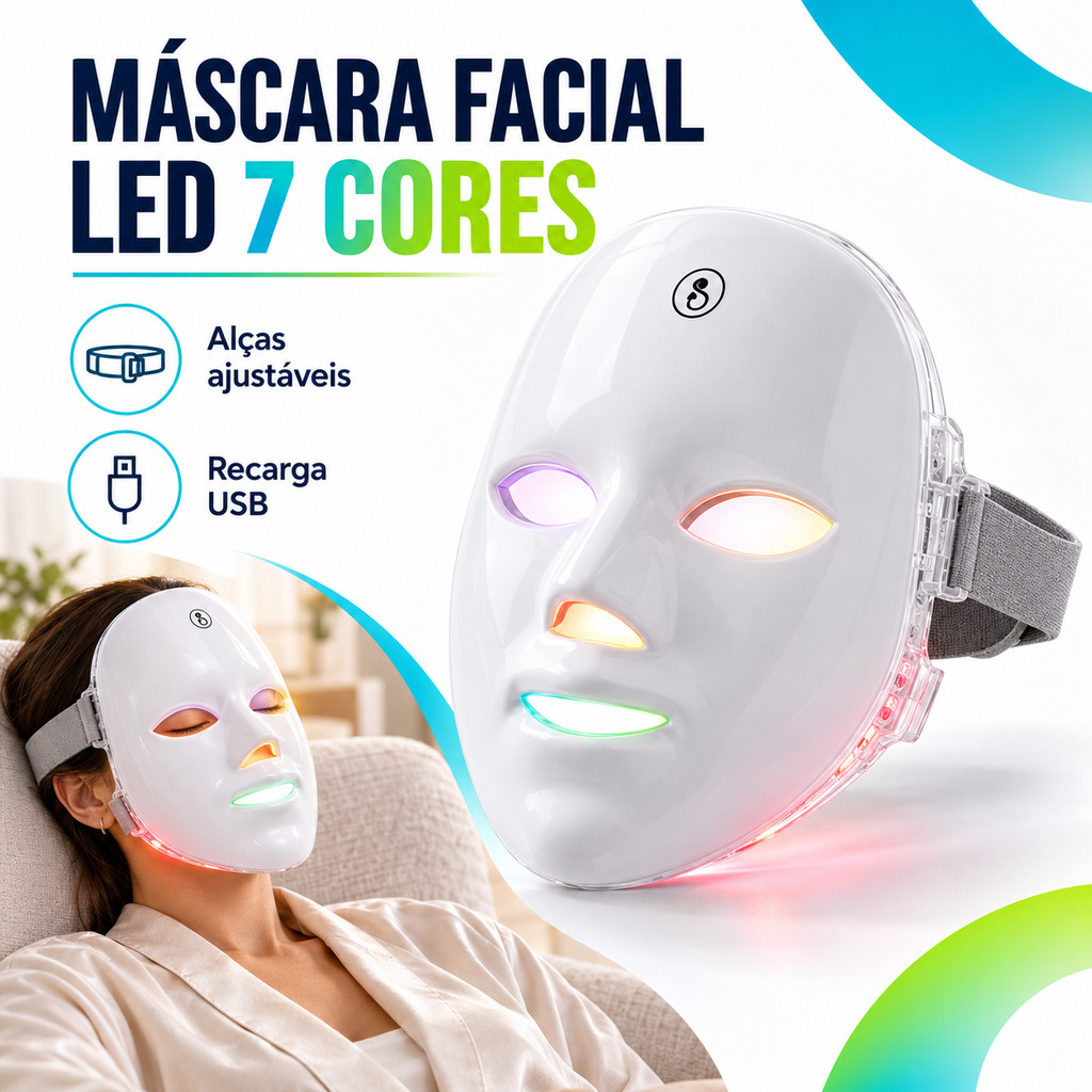 Máscara de LED Facial 7 Cores Recarregável USB Skin Care Estética Facial com Alças Ajustáveis Branca
