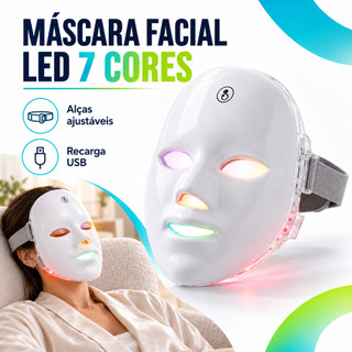 Máscara de LED Facial 7 Cores Recarregável USB Skin Care Estética Facial com Alças Ajustáveis Branca
