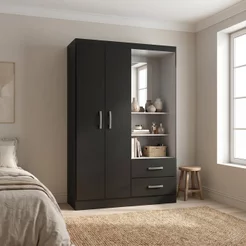 Guarda Roupa Solteiro 2 Portas 2 Gavetas com Espelho Capelinha Preto Yescasa Preto