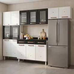 Cozinha Completa Modulada de Aço 4 Peças Decoradas com Paneleiro e Balcão com Tampo New Yescasa Branco/Preto Preto