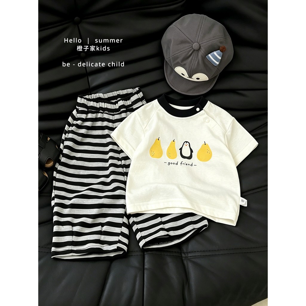 Menino bebê verão dos desenhos animados impresso manga curta camiseta conjunto crianças bonito fino topo bebê listrado c