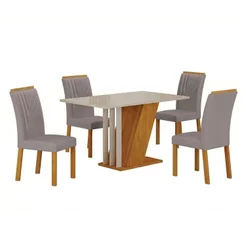 Conjunto Sala de Jantar Mesa Tampo Vidro/MDP com 4 Cadeiras Miami Yescasa Off White/Freijó/Prata Freijo/OffWhite/Prata