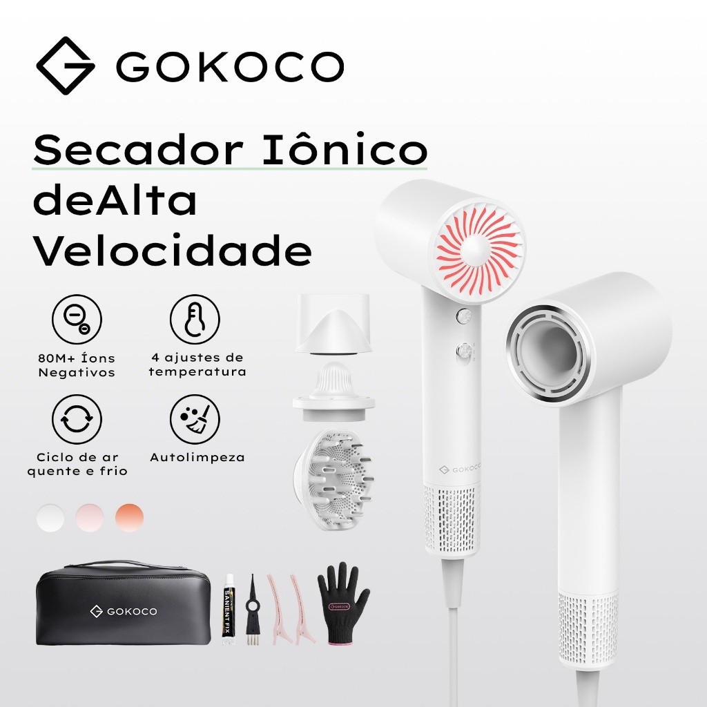 Imagem GOKOCO 3 em 1 Secador de Cabelo Alta Velocidade 80M Íons Negativos 4 Temperaturas Bivolt com Difusor