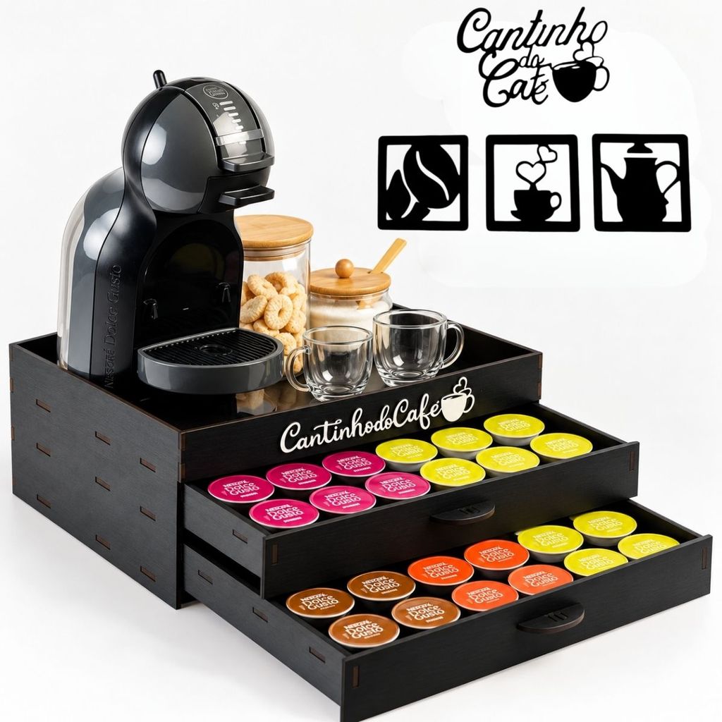 Bandeja Para Máquina de Café Porta 24 ou 48 Cápsulas Gaveteiro Organizador + 4 Quadros Decorativos