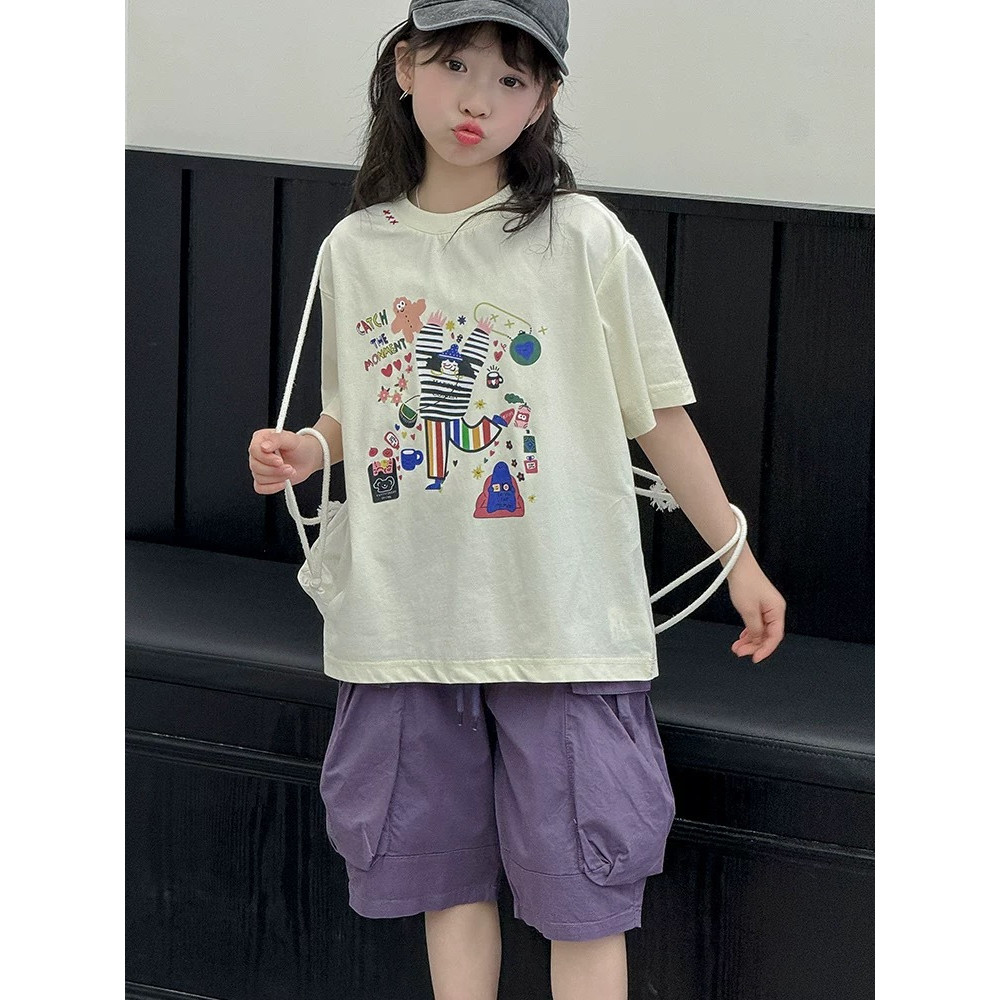 Médio grande crianças puro algodão camiseta gelo porcelana algodão dos desenhos animados gatinho manga curta meninas ver