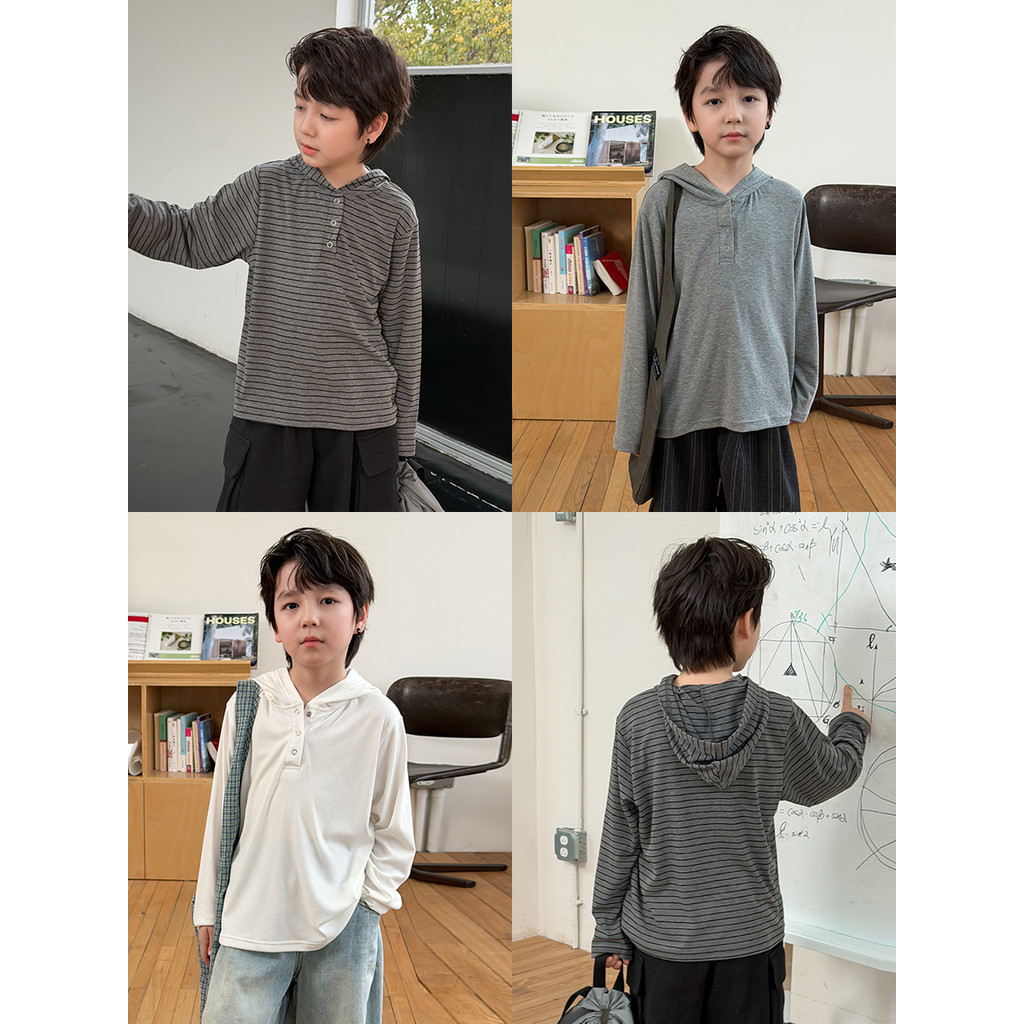 Yima meninos alta elástica listrada com capuz manga comprida camisa de fundo crianças roupas de primavera bebê cor sólid