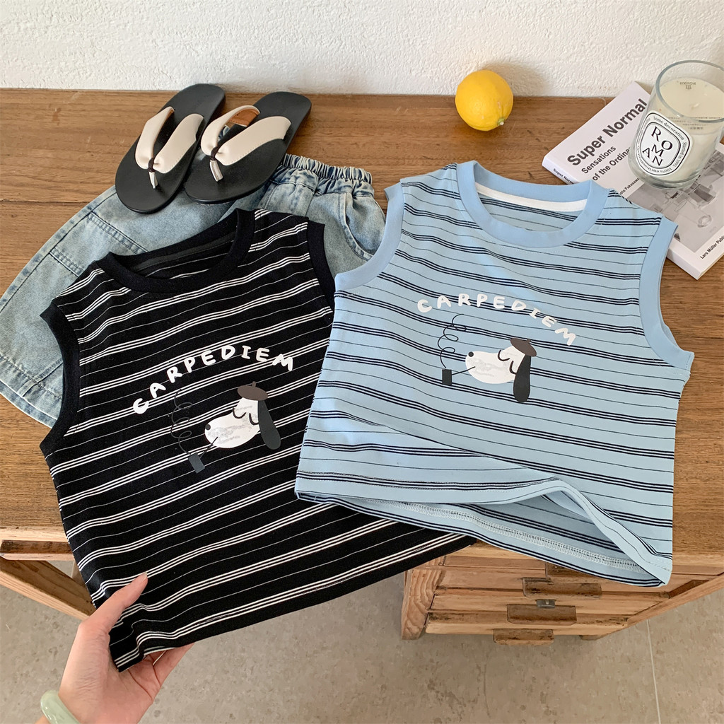 Crianças versão coreana listrado dos desenhos animados filhote de cachorro colete camiseta meninos verão fino em torno d