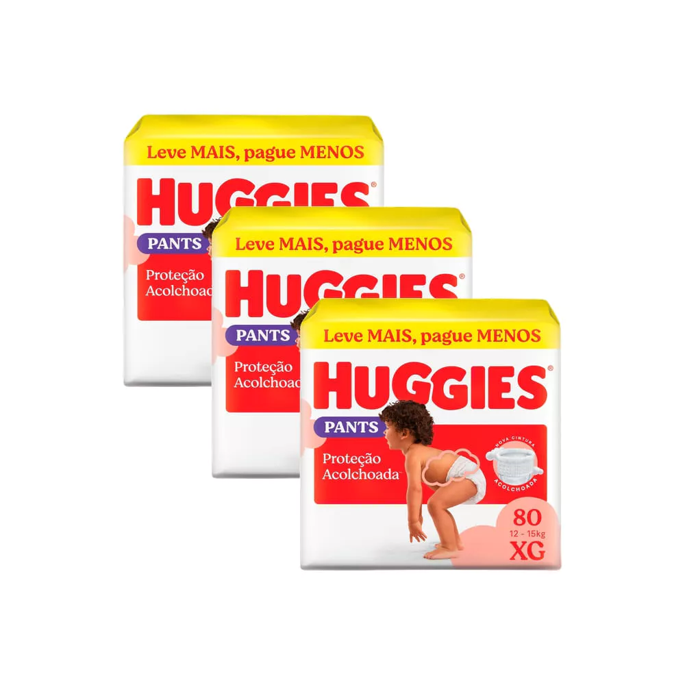 Kit 3 Fralda Huggies Pants Roupinha Proteção Acolchoada Tamanho XG 80 Unidades Descartáveis