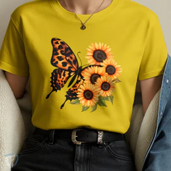 Camiseta Feminina Estampada 🦋 | Borboleta e Girassóis em Arte Realista – 100% Algodão Premium