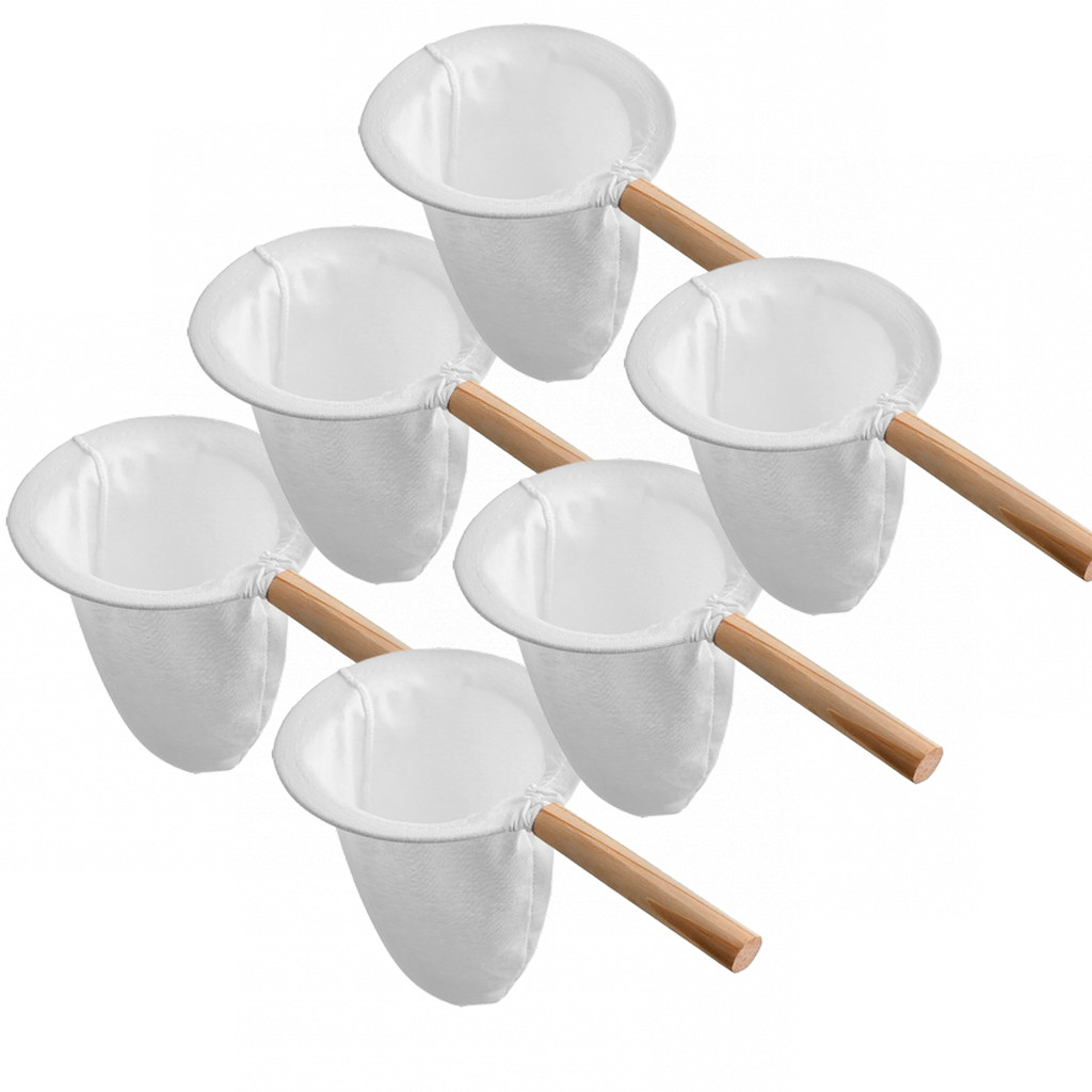 Kit C/ 6 Coador De Café Pano Chá Reutilizável Médio Algodão Com Cabo Madeira Tecido Sustentável 12cm