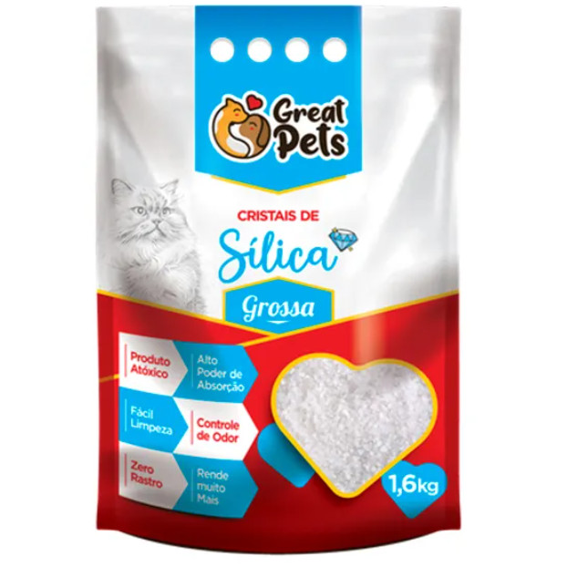 Areia Higiênica p/ Gatos Sílica Grossa Great Pets 1,6kg – Longa Duração e Limpeza Fácil