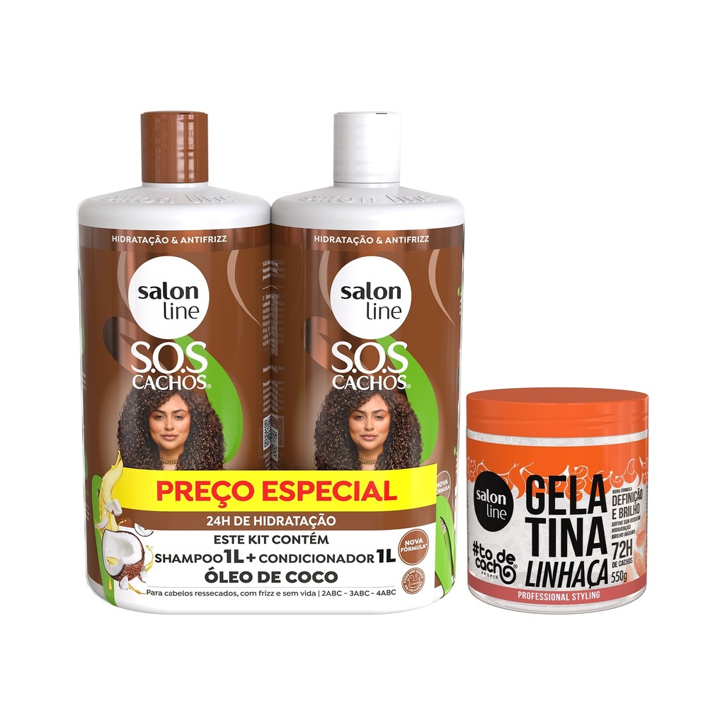 Kit Shampoo e Condicionador Litrão Sos Cachos + Gelatinha Linhaça #todecacho Salon Line