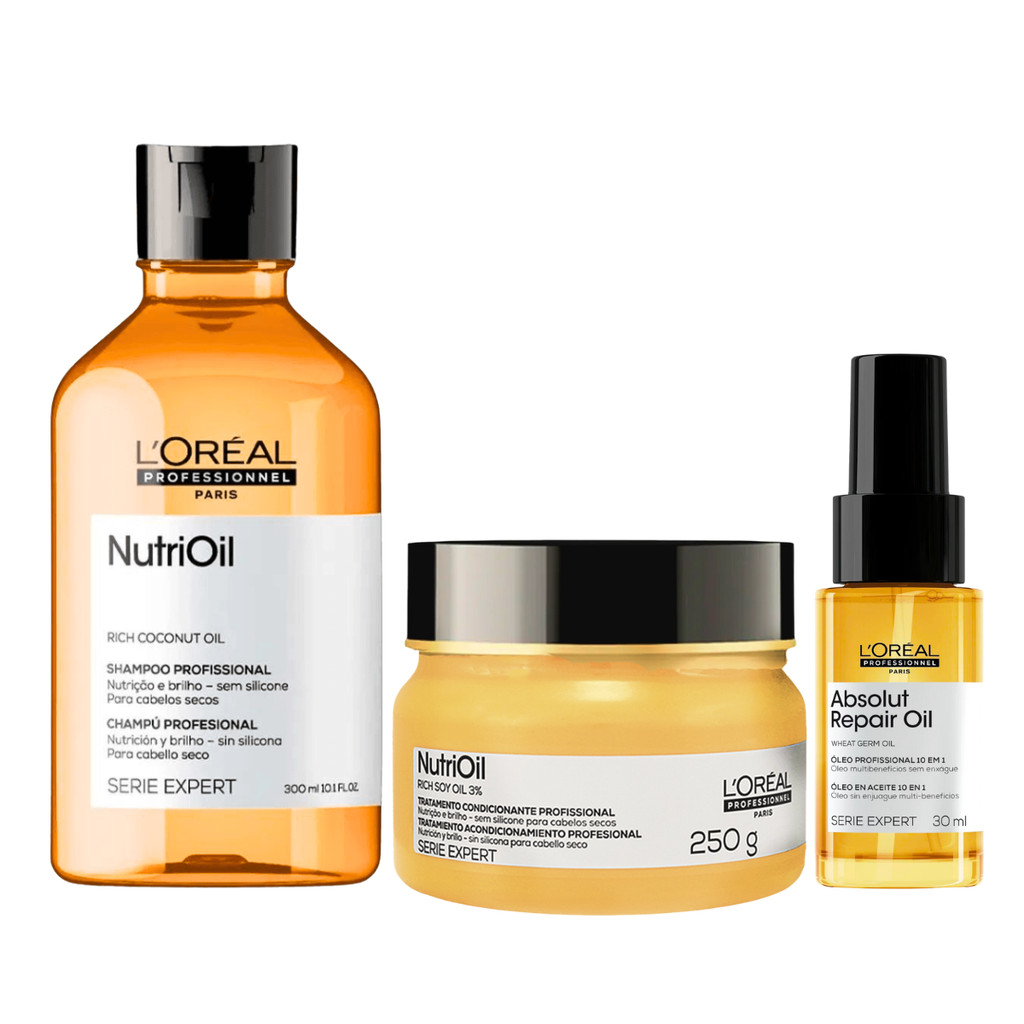 Kit Loréal Professionnel Shampoo 300ml + Máscara 250g NutriOil + Óleo Capilar Absolut Repair 30ml em Oferta na Shopee