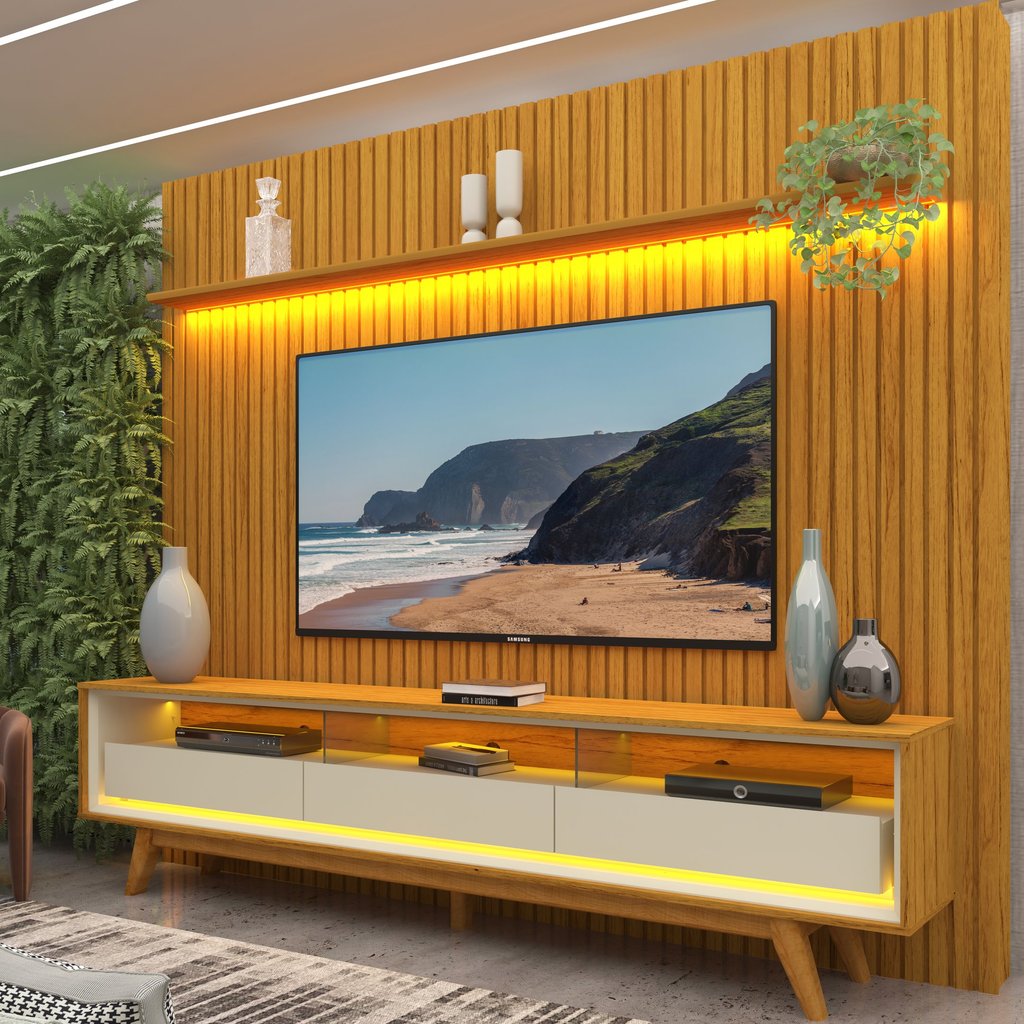 Rack com Painel Ripado Para TV até 90 Polegadas com LED 229cm 100% MDF Pés de Madeira Elegance Yescasa Naturale