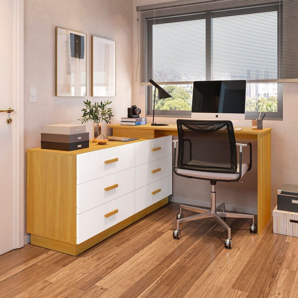 Escrivaninha Mesa Escritório em L com 6 Gavetas Cômoda 138cm Leonie Yescasa Freijó/Branco em Oferta na Shopee
