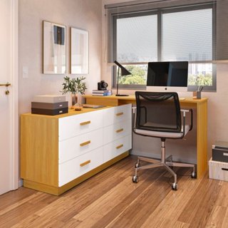 Escrivaninha Mesa Escritório em L com 6 Gavetas Cômoda 138cm Leonie Yescasa Freijó/Branco em Oferta na Shopee