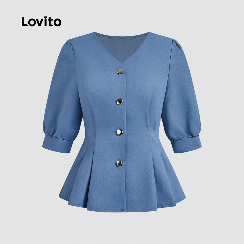 Detalhes do Lovito Blusa Casual de Primavera/verão Blusa Plissada Azul para mulheres L155AD096