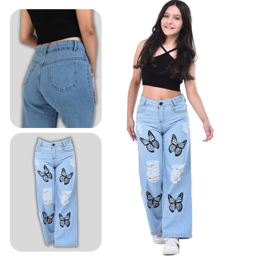 Calça Jeans Wide Leg pantalona baggy  Infantil Juvenil Estampada